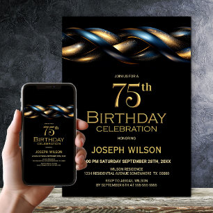 Black Blue Gold 75. Geburtstagsparty Einladung
