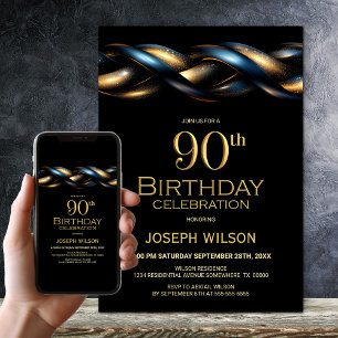 Black Blue Gold 90. Geburtstagsparty Einladung