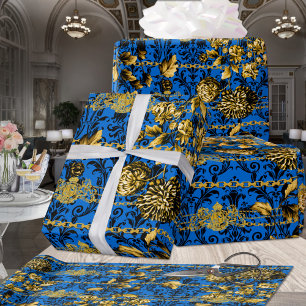 Black Blue Gold Floral Acanthus Leaf Chains Luxus Geschenkpapier