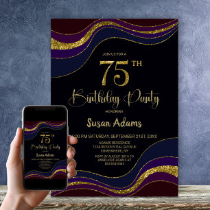 Black Blue Gold Glitzer 75. Geburtstagsparty Einladung