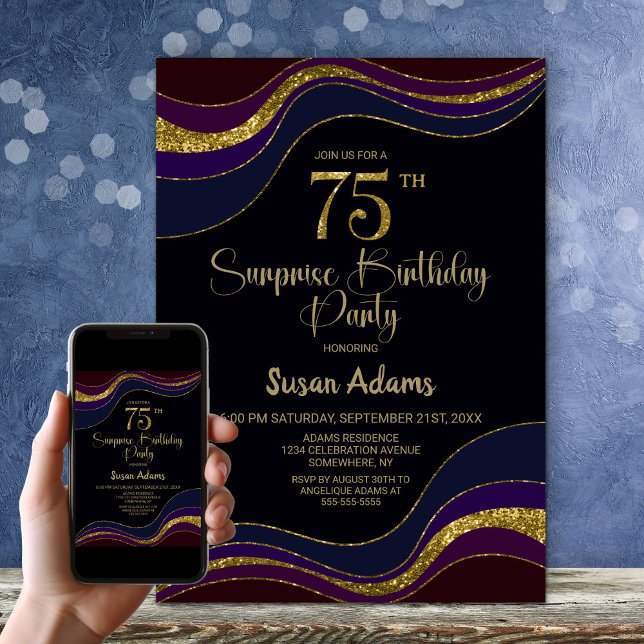 Black Blue Gold Glitzer Überraschung 75. Geburtsta Einladung (Von Creator hochgeladen)