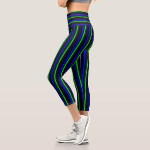 Black Blue Green Stripes Capri Leggings