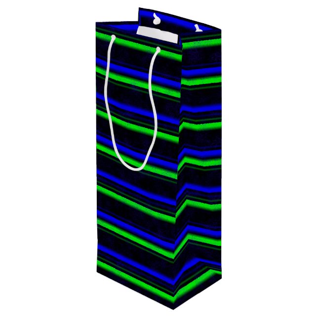 Black Blue Green Stripes Geschenktüte Für Weinflaschen (Rückseite Schrägansicht)