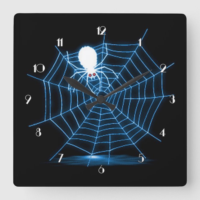 Black & Blue Halloween Spider Web Quadratische Wanduhr (Vorderseite)
