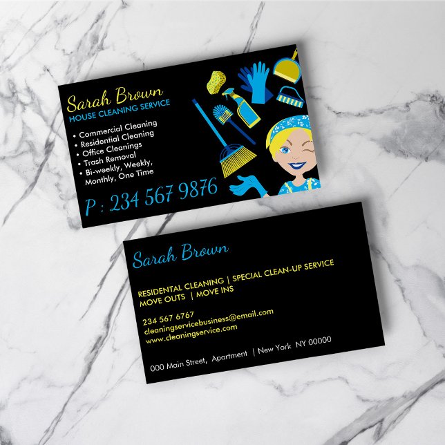 Black Blue Janitorial Glove Schürze Maid Visitenkarte (Black Blue Janitorial Gloved Apron Maid Business Card)