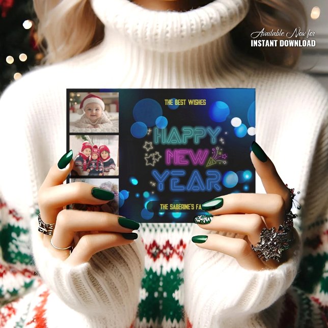 Black & Blue Midnight Sparkle Neon Glow New Year  Karte (Von Creator hochgeladen)