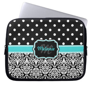 Black Blue Mit Monogramm Damask Polka Dot Laptopschutzhülle