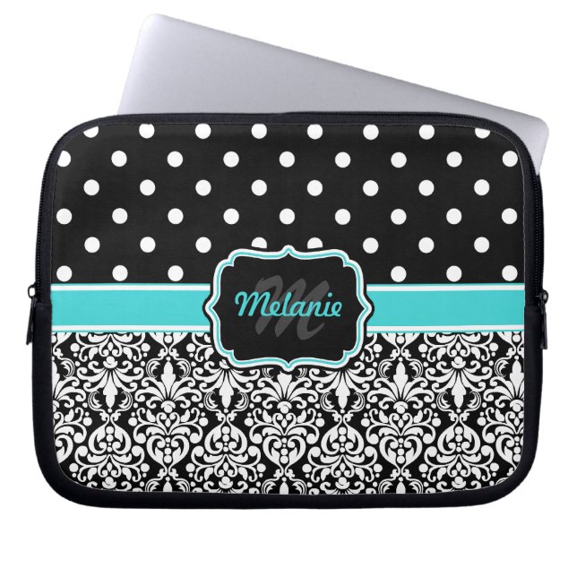 Black Blue Mit Monogramm Damask Polka Dot Laptopschutzhülle (Vorderseite)