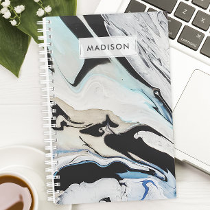 Black Blue Modern Liquid Ink Marble Personalisiert Planer