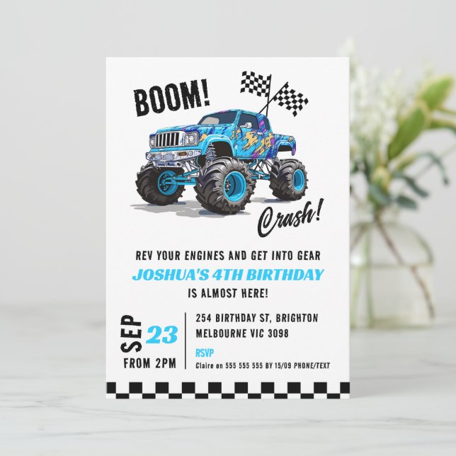 Black Blue Monster Truck Birthday Einladung (Stehend Vorderseite)