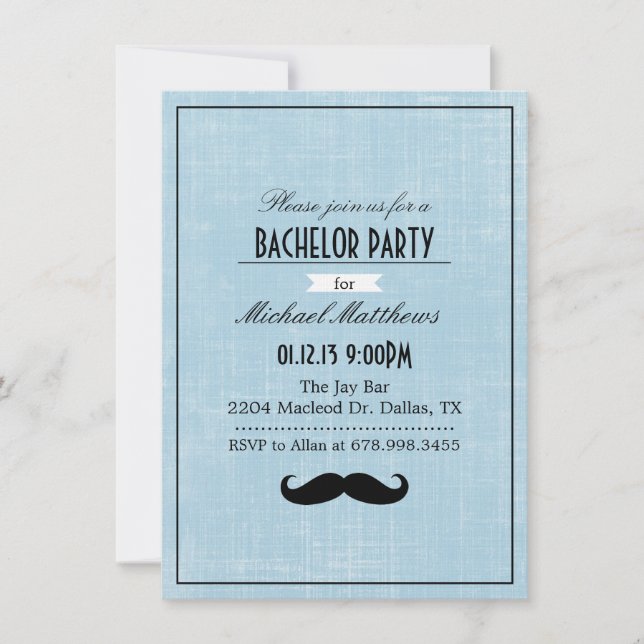 Black & Blue Mustache Bachelor Party Einladung (Vorderseite)