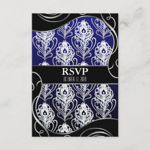 Black & Blue Peacock Feather Wedding RSVP Cards Karte