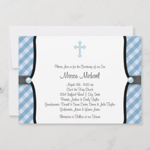 Black Blue Pearl Cross Blue Gingham Christening Einladung