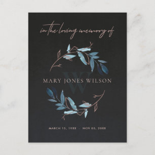 BLACK BLUE PINK FOLIAGE WREATT MEMORIAL DANKE EINLADUNGSPOSTKARTE