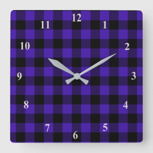 Black & Blue Plaid Checked Quadratische Wanduhr