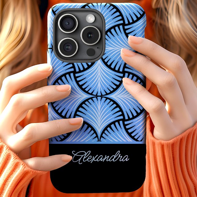 Black Blue Retro 1920s Gatsby Palms Script Name Case-Mate iPhone Hülle (Von Creator hochgeladen)