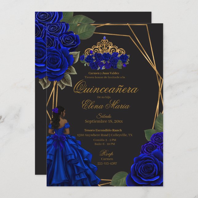Black Blue Rose Gold Princess Quinceañera Einladung (Vorne/Hinten)