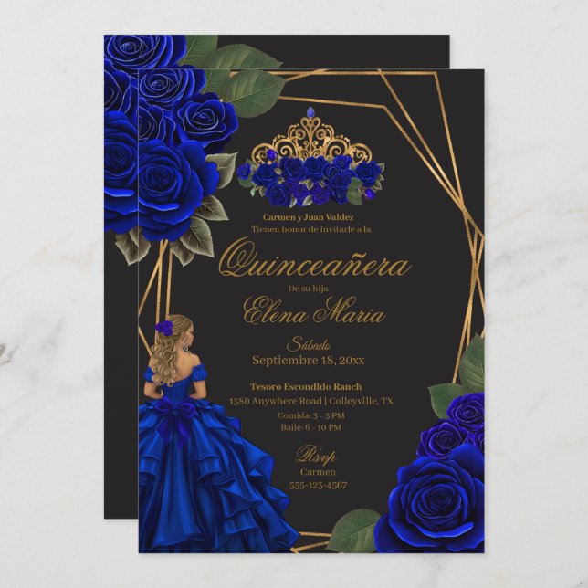 Black Blue Rose Gold Princess Quinceañera Einladung (Vorne/Hinten)