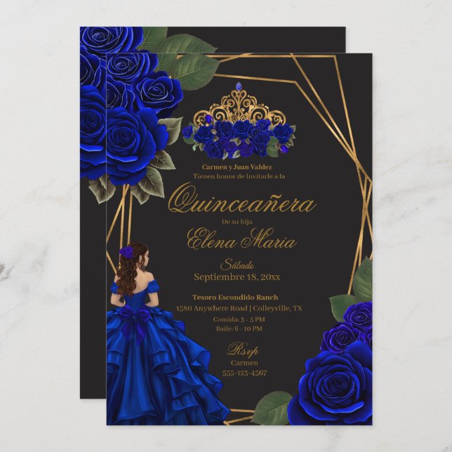 Black Blue Rose Gold Princess Quinceañera Einladung (Vorne/Hinten)
