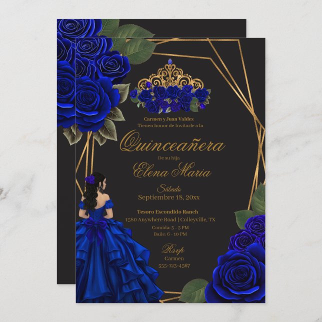 Black Blue Rose Gold Princess Quinceañera Einladung (Vorne/Hinten)