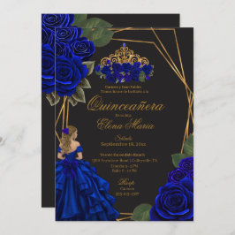 Black Blue Rose Gold Princess Quinceañera Einladung
