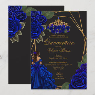 Black Blue Rose Gold Princess Quinceañera Einladung