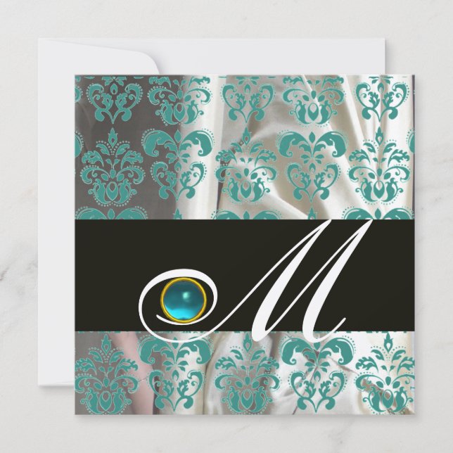 BLACK BLUE SILK DAMASK MONOGRAMM AQUAMARINE EINLADUNG (Vorderseite)
