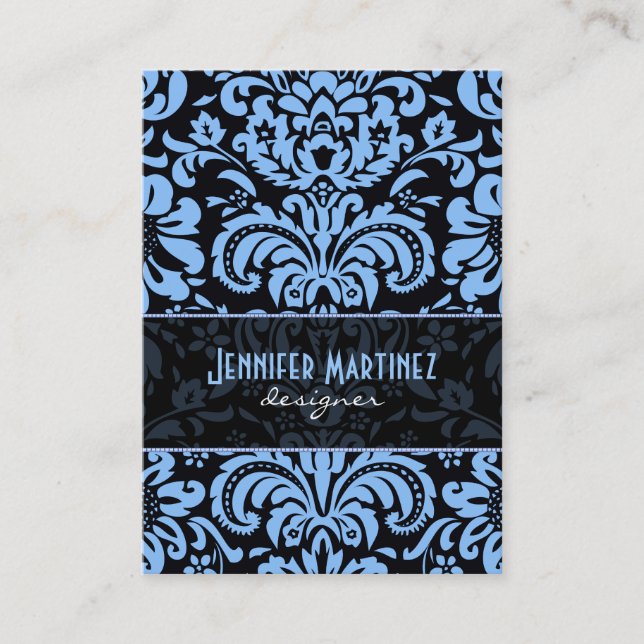 Black Blue Vintag Floral Damask Visitenkarte (Vorderseite)