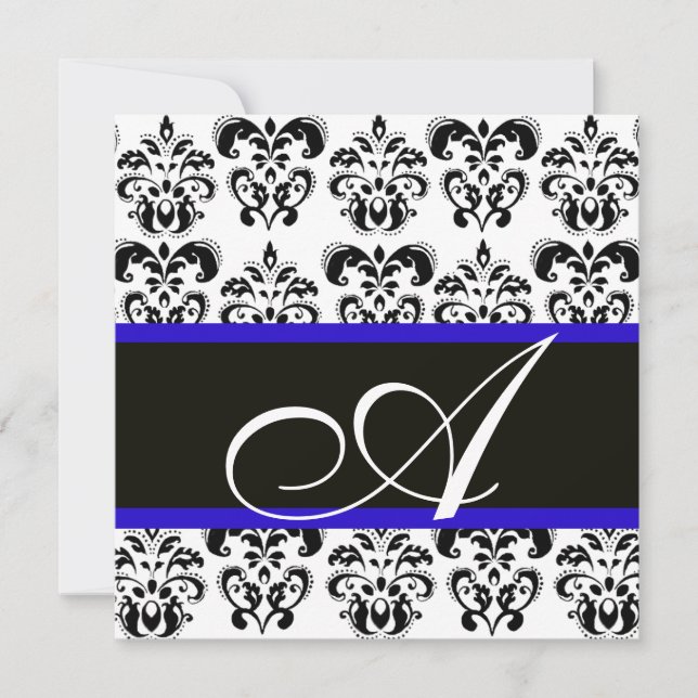 BLACK , BLUE & WHITE DAMASK MONOGRAMM EINLADUNG (Vorderseite)