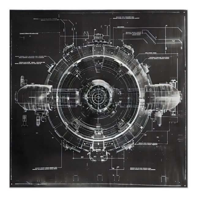 Black Blueprint Sci-Fi Space Station Fotodruck (Vorne)