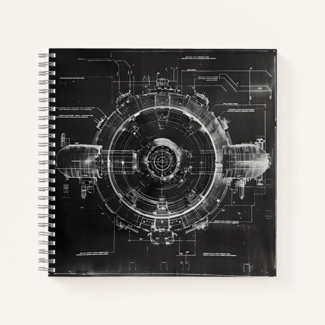 Black Blueprint Sci-Fi Space Station Notizbuch (Vorderseite)