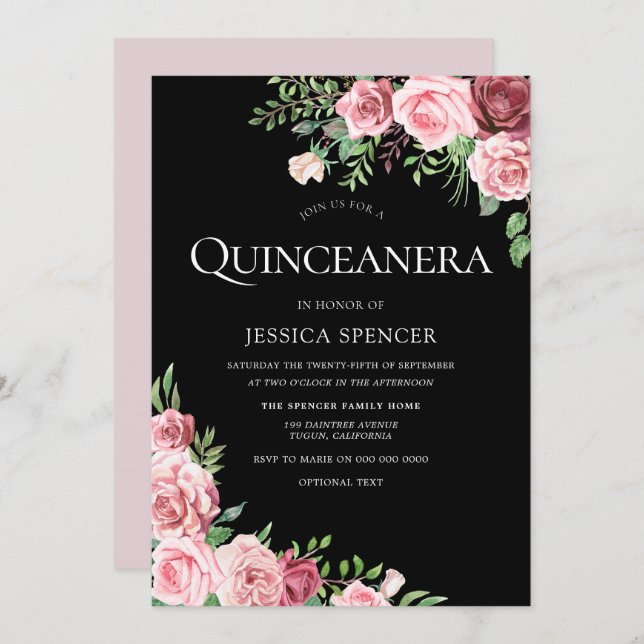Black Blush & Burgundy Quinceanera Party Einladung (Vorne/Hinten)
