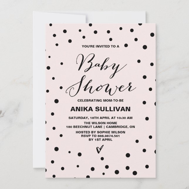 Black & Blush Confetti Dots Kinderdusche Einladung (Vorderseite)