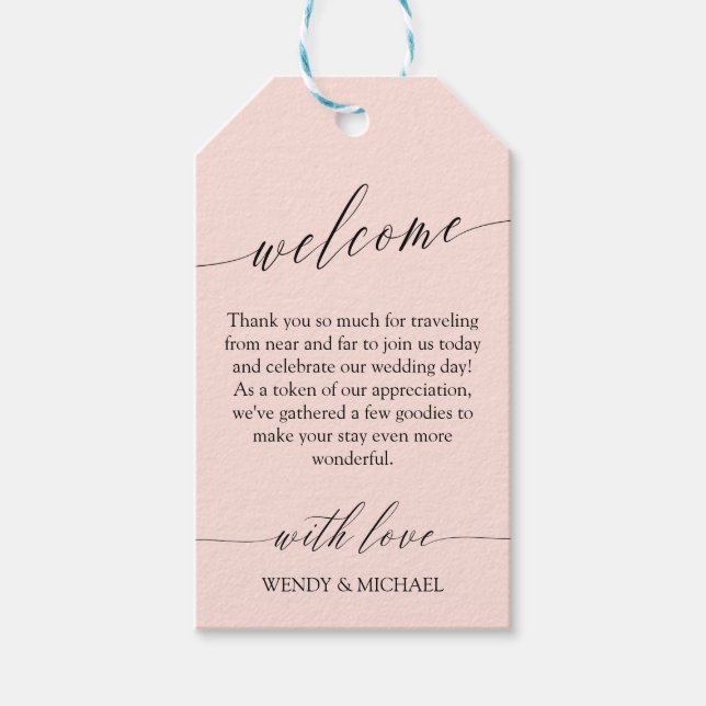 Black Blush Delicate Minimale Hochzeit Willkommen Geschenkanhänger (Vorderseite)