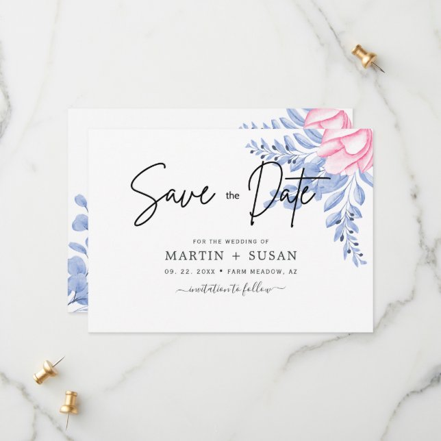 Black & Blush Dusty Blue Mauve Eucalyptus Wedding Save The Date (Vorderseite/Rückseite Beispiel)