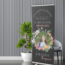 Black Blush Floral Foto Class 2025 Abschluss Ausziehbarer Banner