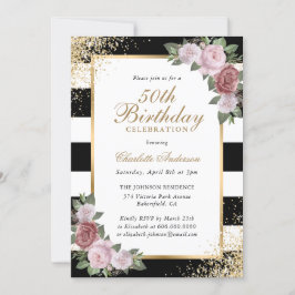 Black Blush Gold Confetti Floral 50. Geburtstag Einladung
