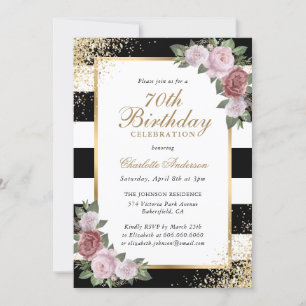 Black Blush Gold Confetti Floral 70. Geburtstag Einladung