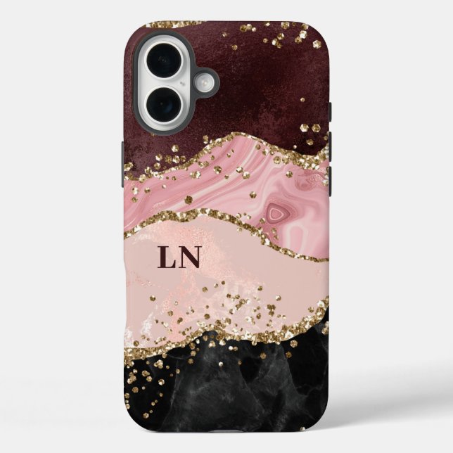 Black Blush Gold Glitzern Agate Monogram Case-Mate iPhone Hülle (Rückseite)