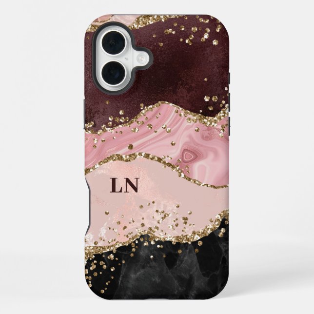 Black Blush Gold Glitzern Agate Monogram iPhone Hülle (Rückseite)