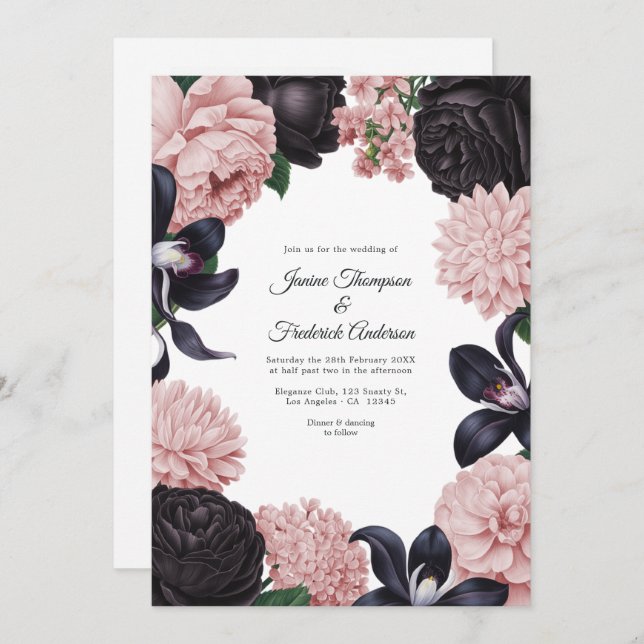 Black & Blush Photo/QR Code Floral Wedding Einladung (Vorne/Hinten)