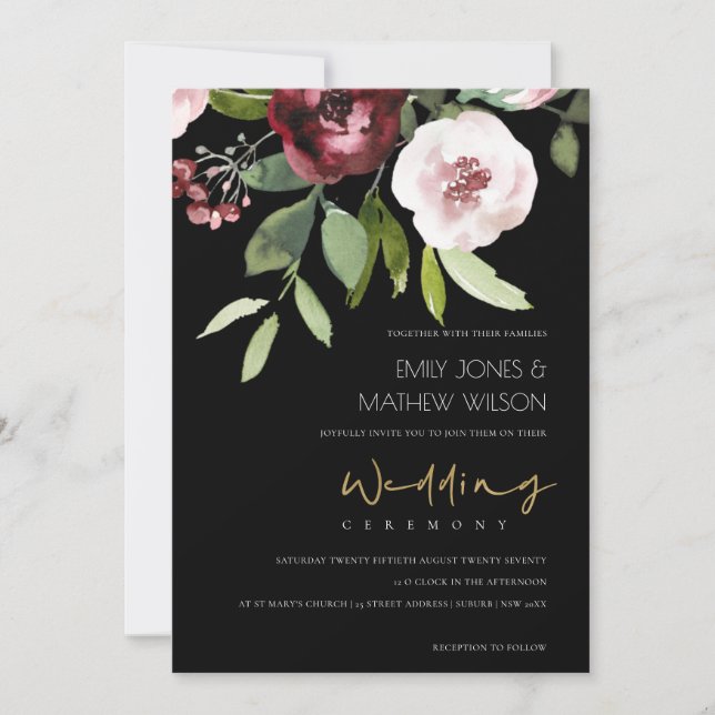 BLACK BLUSH PINK BURGUNDY PEONY FLORAL WEDDING EINLADUNG (Vorderseite)