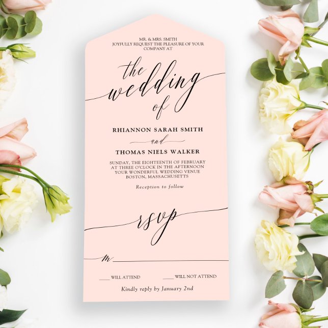 Black Blush Pink Delicate Calligrafy Wedding All In One Einladung (Von Creator hochgeladen)