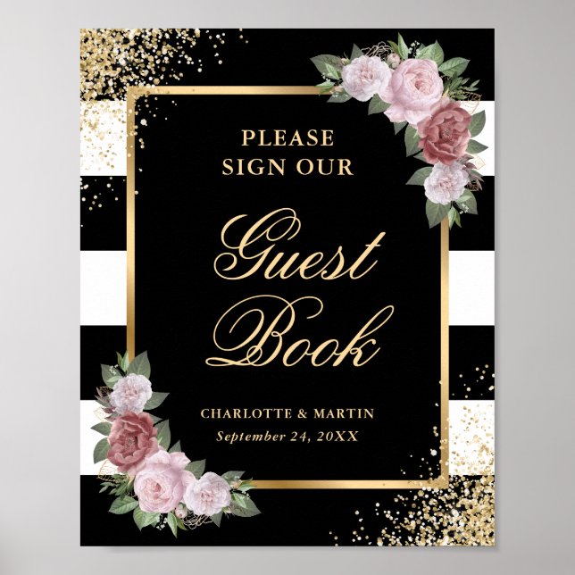 Black Blush Pink Floral Wedding Guest Book Sign Poster (Vorne)