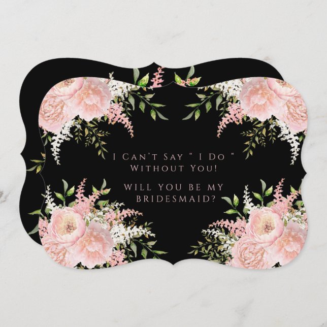 Black Blush Pink Florals meine Bridesmaid Einladung (Vorne/Hinten)