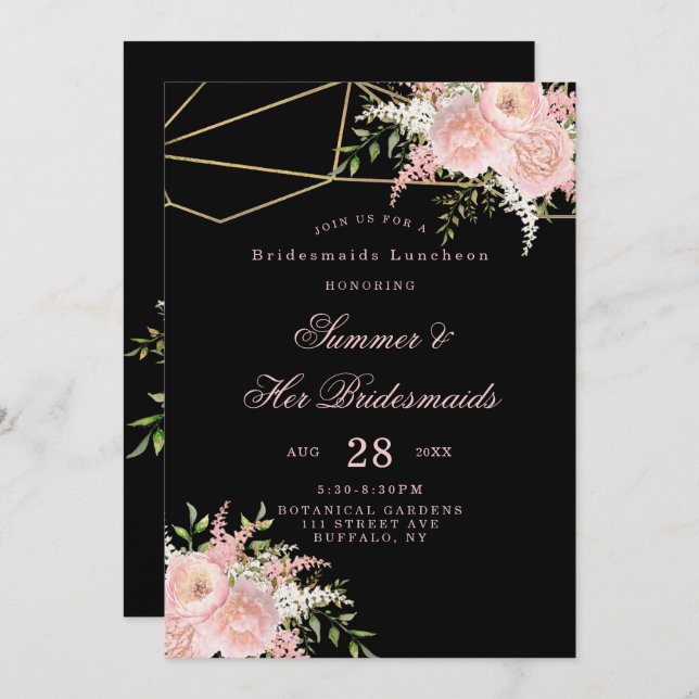 Black Blush Pink Gold Floral Bridesmais Luncheon Einladung (Vorne/Hinten)