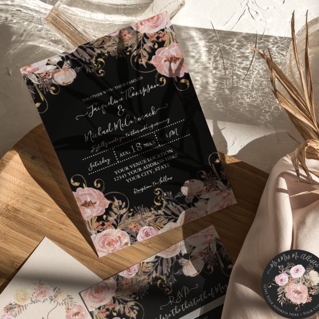 Black Blush Pink Rose Blütenfarbe Gold Einladung (Von Creator hochgeladen)