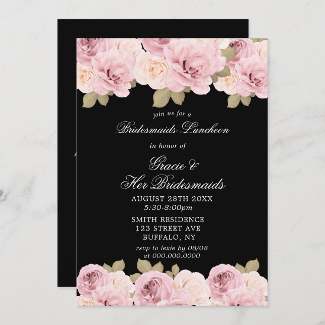 Black Blush Pink Roses Bridesmaids Luncheon Einlad (Vorne/Hinten)