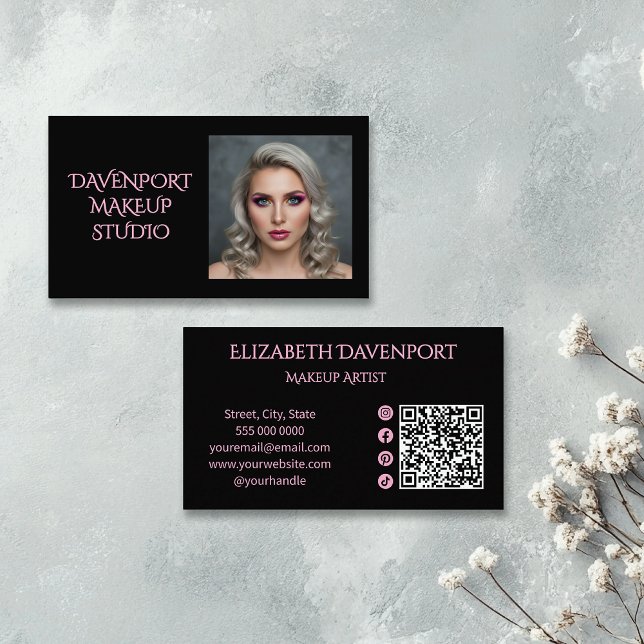 Black Blush Pink Social Icon QR Code Foto Make-up Visitenkarte (Von Creator hochgeladen)