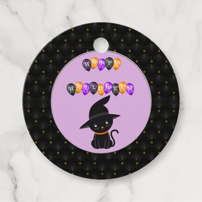 Black Boarder Black Cat Happy Halloween Balloons Geschenkanhänger (Vorderseite)